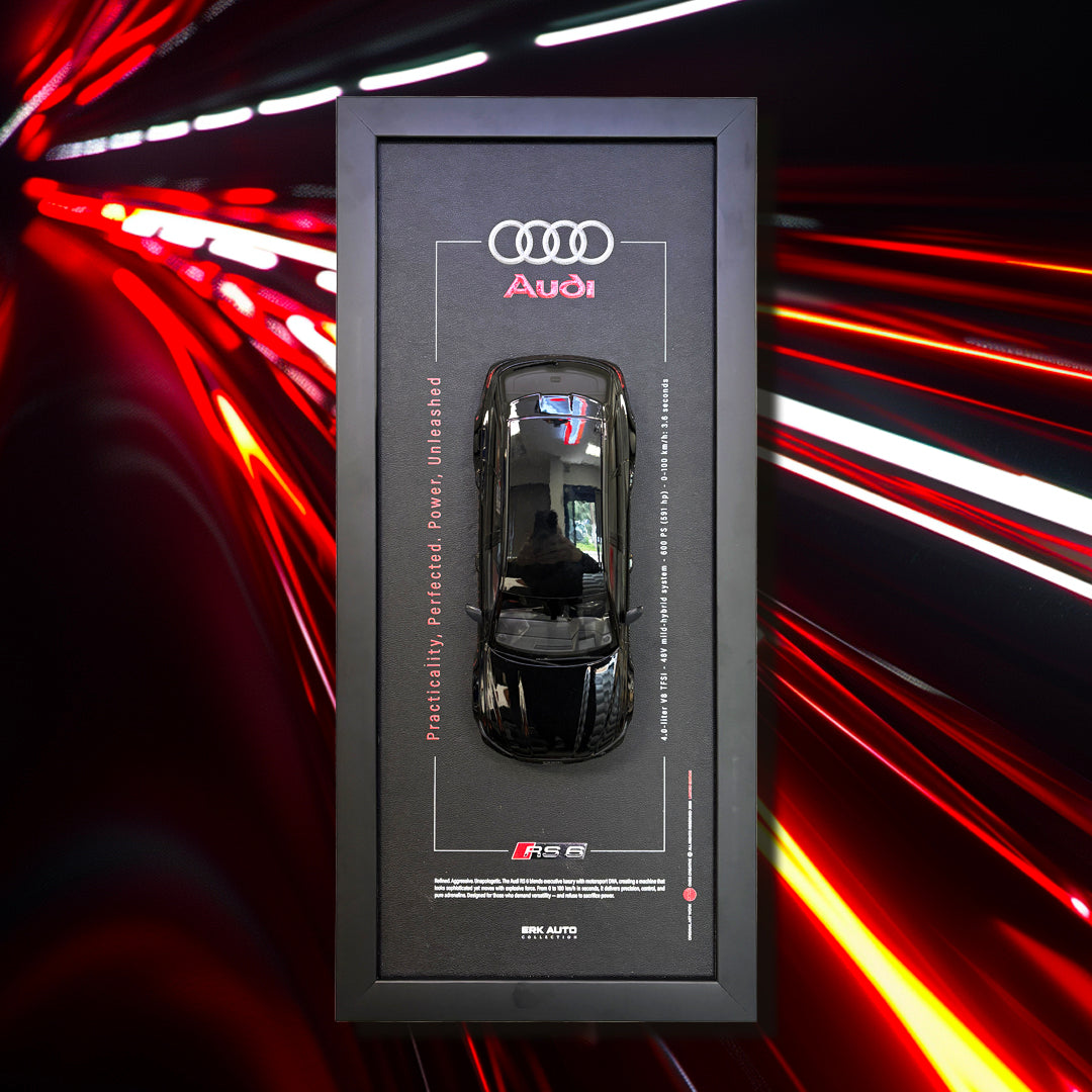Audi RS6 Deri Tabanlı Duvar Dekoru – 1:18 Ölçek Koleksiyon Modeli | 30×65 cm Kişiye Özel Tasarım