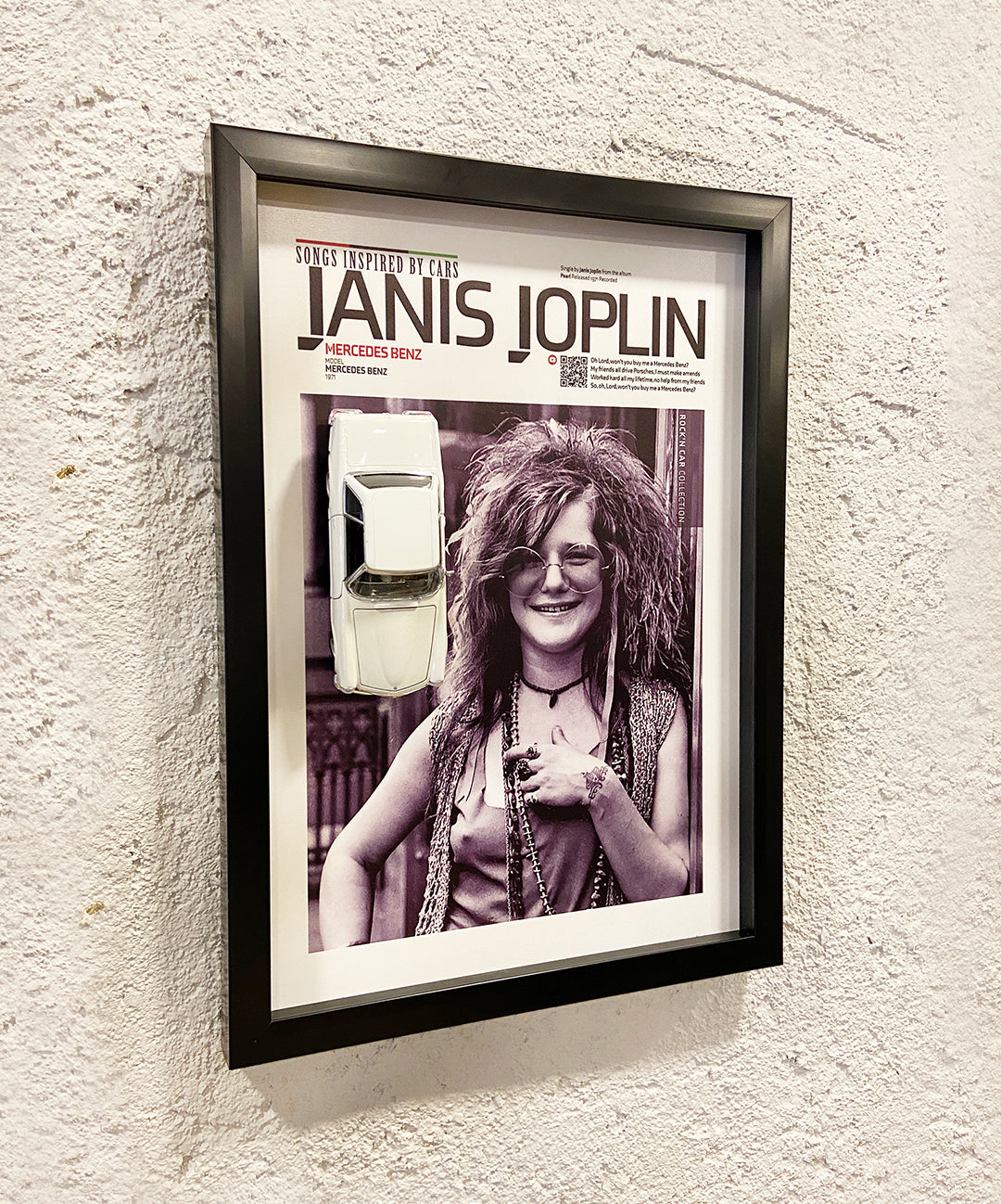 Janis Joplin’in ruhunu yansıtan Mercedes otomobil detaylı üç boyutlu tablo, kişiye özel dekoratif tasarım.