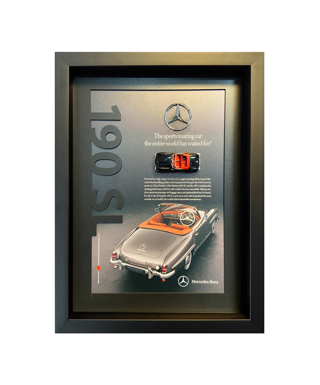 Mercedes-Benz 190 SL klasik otomobil tablosu, üç boyutlu dekoratif sanat eseri.