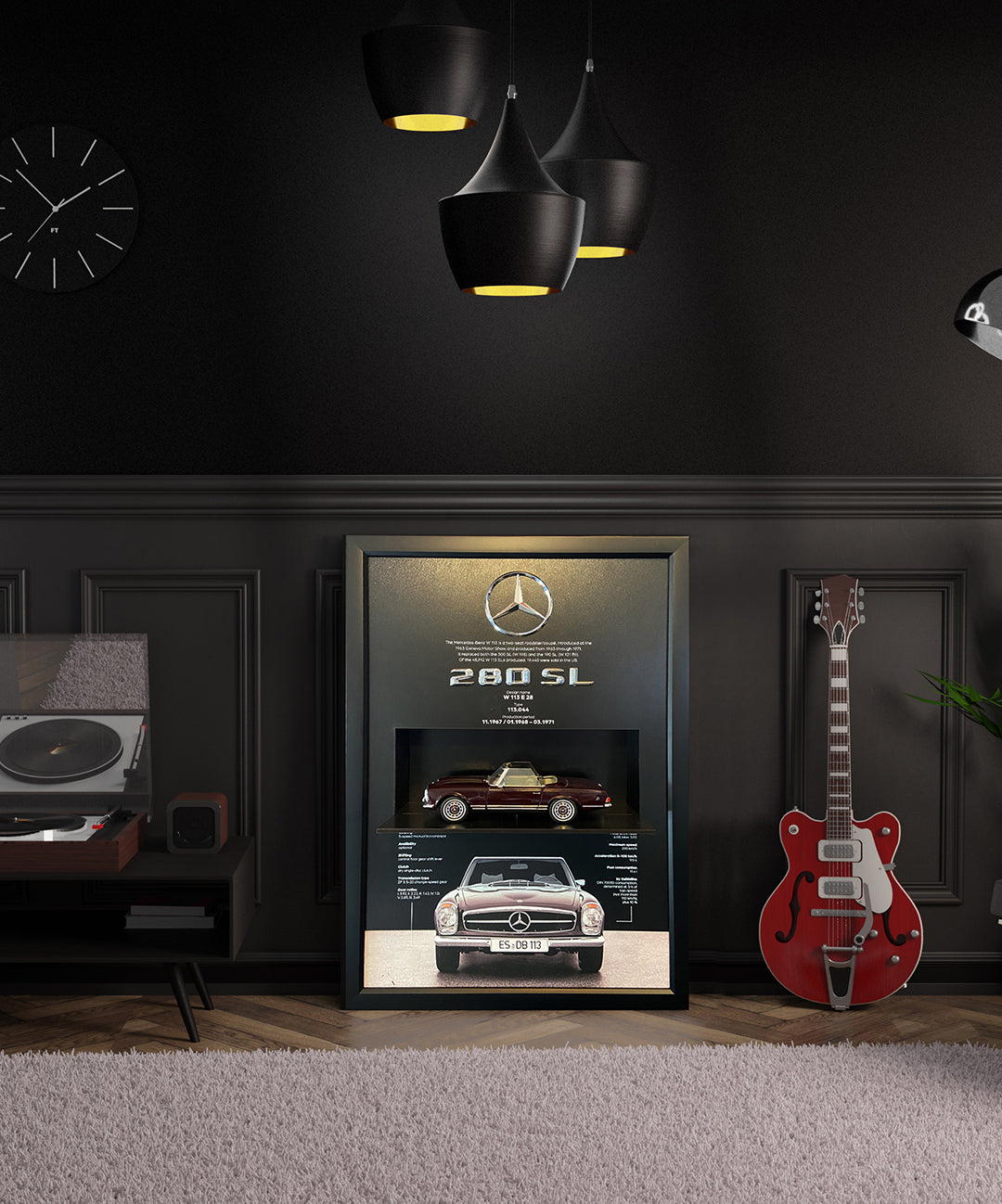 Mercedes 230 SL model detaylı otomobil tablo, kişiye özel tasarım, ofis dekoru ve şık duvar dekoru.