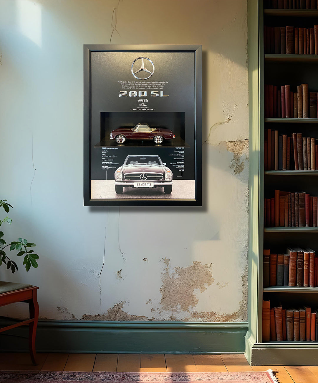 Üç boyutlu Mercedes 230 SL otomobil tablo, el işçiliğiyle yapılmış, sınırlı sayıda özel dekoratif tasarım.