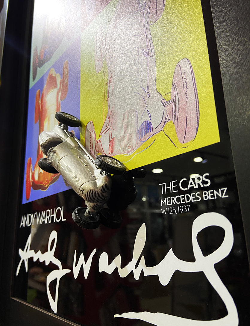 Mercedes W125 modelini Andy Warhol pop art esintisiyle buluşturan özel baskı tablo, duvar dekoru için ideal.