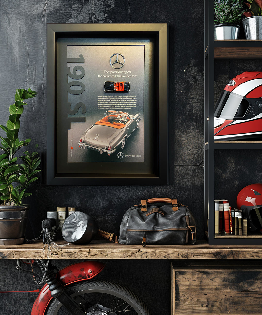 Vintage Mercedes 190 SL canvas tablo, el yapımı koleksiyonluk duvar dekoru.
