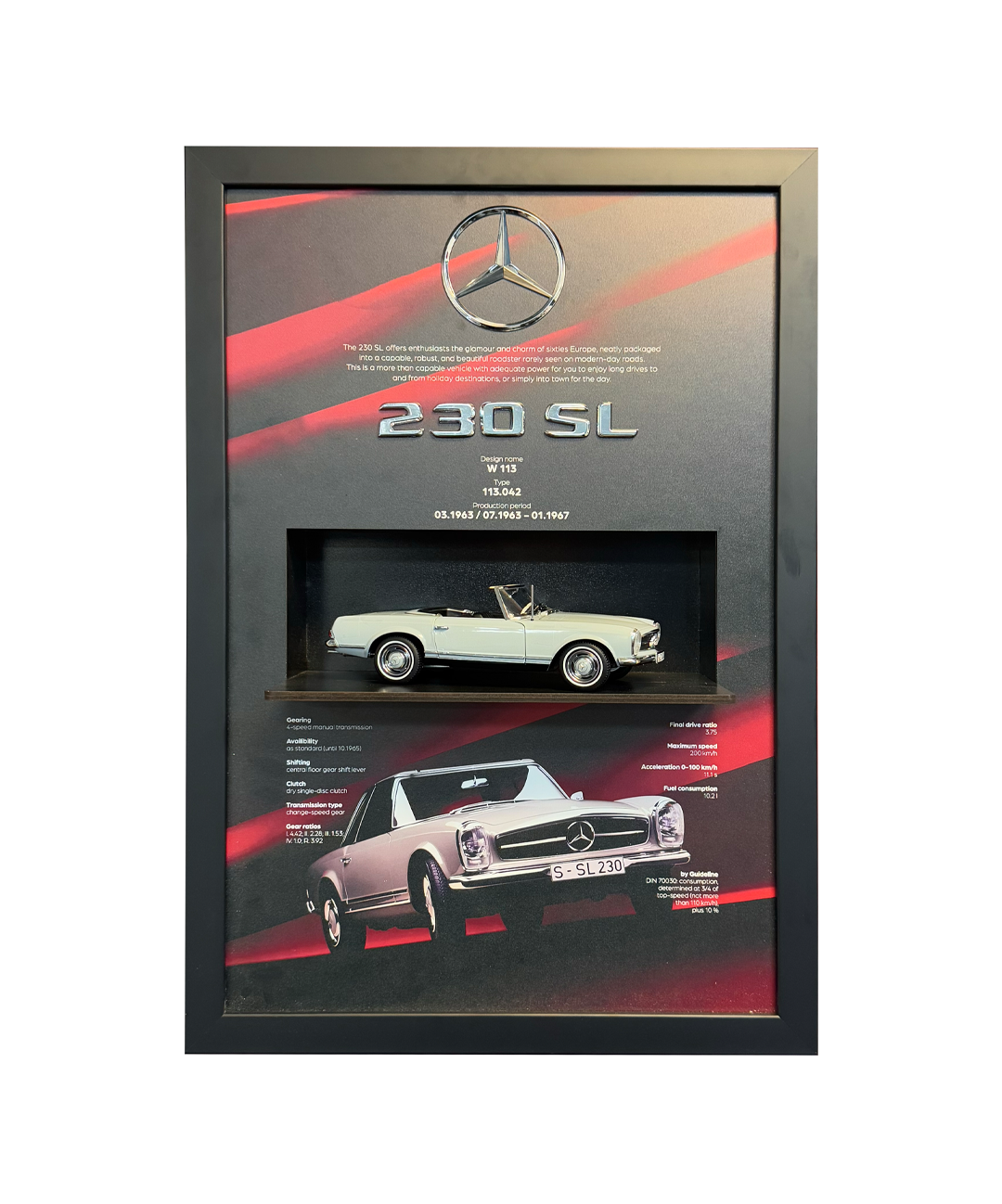 Mercedes 230 SL üç boyutlu otomobil tablo, el işçiliğiyle üretilmiş sınırlı sayıda ofis ve duvar dekoru.
