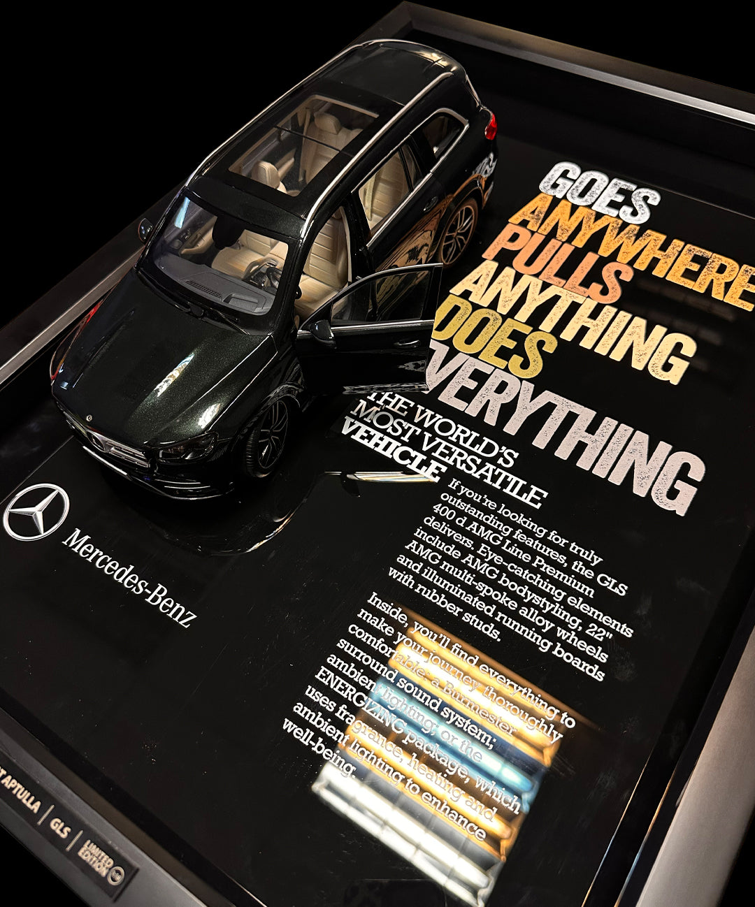 Üç boyutlu Mercedes-Benz GLS tablo, özel baskı ve kaliteli malzeme ile hazırlanmış şık duvar dekoru.
